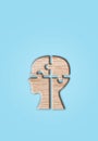 Human head silhouette with a jigsaw piece cut out on the blue background, mental health concept Royalty Free Stock Photo
