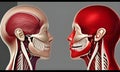 Human head slice profile side view deep facial formations. The structure of the circulatory system, muscles and nervous system,