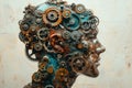 A human head with a toothed clockwork mechanism. The concept of thinking, decision-making. 3d illustration