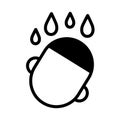 Human head with water drops over it, simple black and white outline icon. Flat vector illustration. Isolated on white.