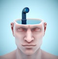 Human head with water inside and a periscope. Concept of psych, surveillance, mental concentration or analysis Royalty Free Stock Photo