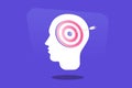 Human heads silhouette with arrow on target. Mental concentration, successful strategy and mind focus. Modern flat vector