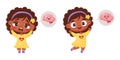 Human health and disease. Cute black ethnic girl suffering from headache, migraine and joyful healthy kid. Next to her