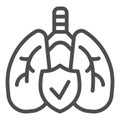 Human healthy lungs line icon. Approved respiratory health with shield outline style pictogram on white background