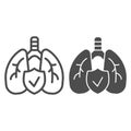 Human healthy lungs line and solid icon. Approved respiratory health with shield outline style pictogram on white