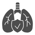 Human healthy lungs solid icon. Approved respiratory health with shield glyph style pictogram on white background