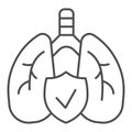 Human healthy lungs thin line icon. Approved respiratory health with shield outline style pictogram on white background