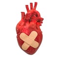 Human heart with adhesive plaster. Treatment of heart disease concept, 3D rendering