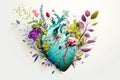 Human heart with flowers. Illustration for World Heart Day. Love, heart health, emotion, softhearted, unselfish concept Royalty Free Stock Photo