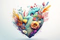 Human heart with flowers. Illustration for World Heart Day. Love, heart health, emotion, softhearted, unselfish concept Royalty Free Stock Photo