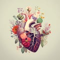 Human heart with flowers, love and emotion concept, good hearted person, help and charity