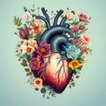 Human heart with flowers, love and emotion concept, good hearted person, help and charity