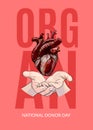 Human heart in hands, organ donor day poster