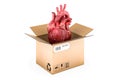 Human heart inside cardboard box, delivery concept. 3D rendering Royalty Free Stock Photo