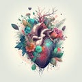 A human heart intertwined with flowers, representing love and emotions, embodying kindness and compassion