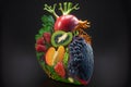 Human Heart Made of Fruits and Vegetables on black background created with generative AI technology Royalty Free Stock Photo