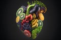 Human Heart Made of Fruits and Vegetables on black background created with generative AI technology Royalty Free Stock Photo