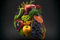 Human Heart Made of Fruits and Vegetables on black background created with generative AI technology Royalty Free Stock Photo