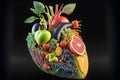 Human Heart Made of Fruits and Vegetables on black background created with generative AI technology Royalty Free Stock Photo