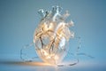 Human heart made of glass or ice with light garland. Anatomically correct heart on blue background. Glowing frozen heart, love and