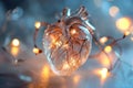 Human heart made of glass or ice with light garland. Anatomically correct heart on bokeh background. Glowing frozen heart, love