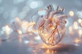 Human heart made of glass or ice with light garland. Anatomically correct heart on bokeh background. Glowing frozen heart, love