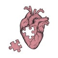 Human heart with missing puzzle piece hand drawn line art and dotwork. Flash tattoo or print design vector illustration