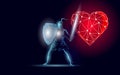 Human heart protection knight shield 3D low poly concept. Safety red pharmacy drugstore background. Supplement recovery Royalty Free Stock Photo