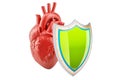Human heart with shield, health insurance concept. 3D rendering