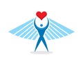 Human with heart and wings - concept vector logo design. Happiness love creative sign.