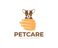 Human holds a small puppy in his hand, doggy, dog, pet and animal, logo design. Pet care, veterinary clinic, animal shelter and pe