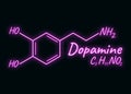 Human hormone dopamine concept chemical skeletal formula icon label, text font neon glow vector illustration, isolated on black. Royalty Free Stock Photo