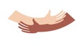 Human hugs hugging hands support and love symbol hugged arms girth silhouette unity and warmth feeling, flat vector