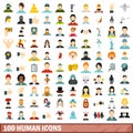 100 human icons set, flat style