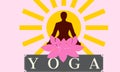 Human illustration doing yoga sitting in pink lotus flower meditation vibes appears in yellow colour