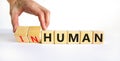 Human or inhuman symbol. Businessman turns wooden cubes and changes the word inhuman to human. Beautiful white table white Royalty Free Stock Photo