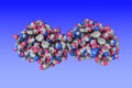 Human insulin. Space-filling molecular model on blue background. Scientific background. 3d illustration