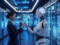 Human interacting with advanced robot in futuristic lab Royalty Free Stock Photo