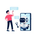 human interaction with robot on smartphone or chatbot artificial intelligence chatting with ai for answer of question flat Royalty Free Stock Photo