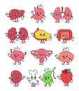 Happy human internal organs. Cartoon human organ heart, liver, stomach, lungs, kidneys, pancreas, intestines, bladder Royalty Free Stock Photo