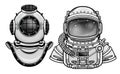 Human inventions: ancient diving helmet, astronaut`s suit. Past and future. Depth science.