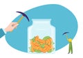 Human jar with money savings, vector illustration. Flat tiny man character hit huge glass bank with finance cash