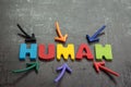 Human jobs replaced by robots awareness concept, multiple arrow pointing to colorful alphabets HUMAN on black cement wall