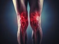 Human knee joint with painful rheumatoid arthritis disease area glowing red. Generative AI Royalty Free Stock Photo