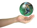 Human lady hand holding world Royalty Free Stock Photo