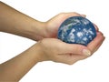 Human lady hands holding earth globe isolated