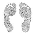 Human left and right barefoot footprints. Complicated hand drawn zentangle black pigment liner design. Adult coloring page for pri