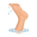 Human leg sticks out of the water and drops of water. Cartoon illustration, print