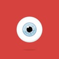 Human light blue eye isolated on red background. Eyeball iris pupil