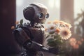 A human like AI robot collects flowers. The robotic object experiences feelings and emotions. The concept of technology